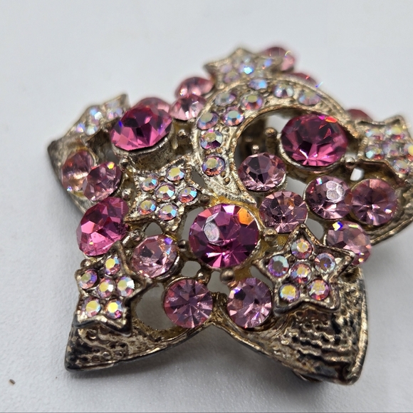 VINTAGE Star Brooch Auro Borealis Moon Stars In Pink Crystals - Picture 7 of 10